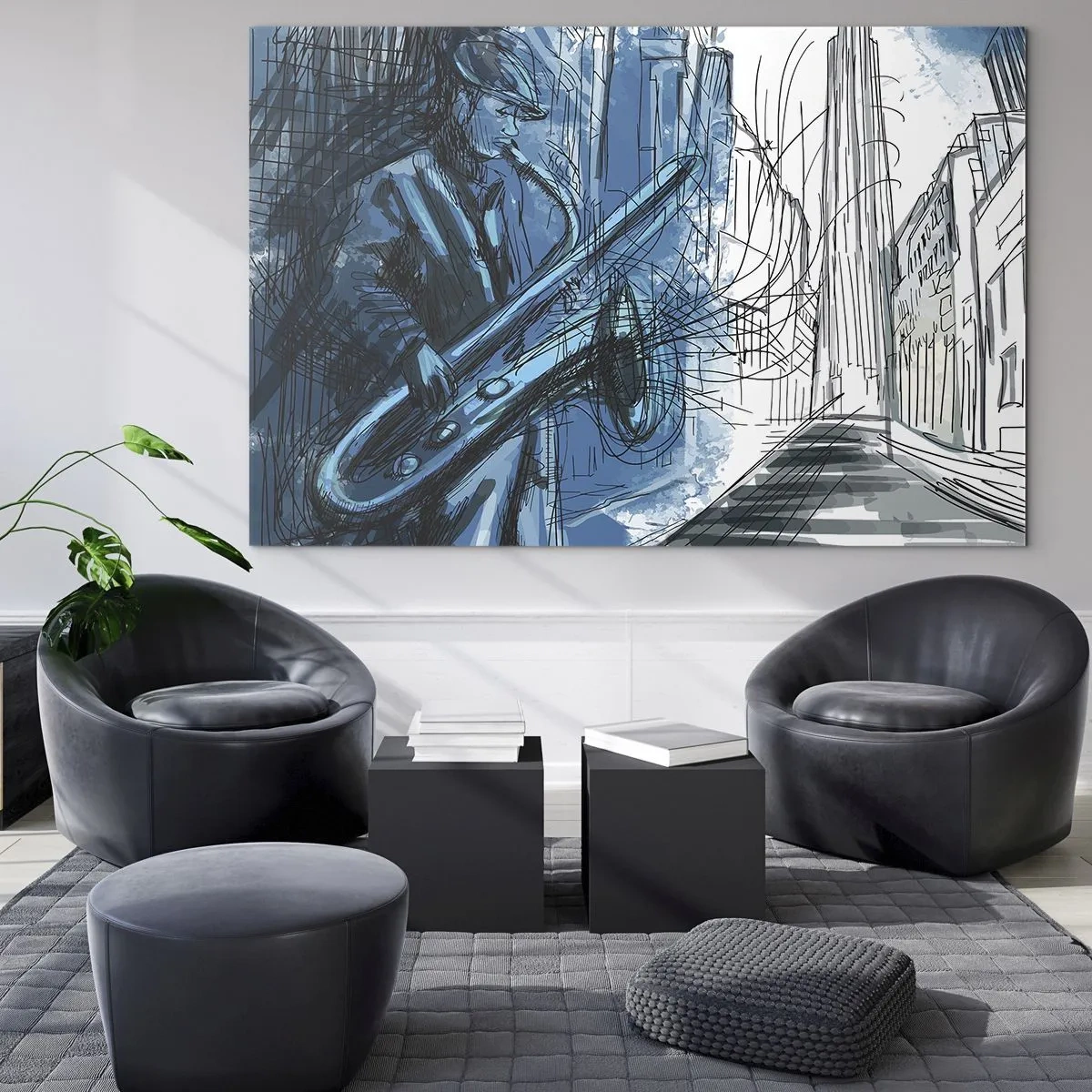 Obraz na skle - Džezový saxofonista v modrom mestskom prostredí - 70x50cm - Mestská rapsódia - Moderná nástenná dekorácia do obývacej izby a spálne ARTTOR