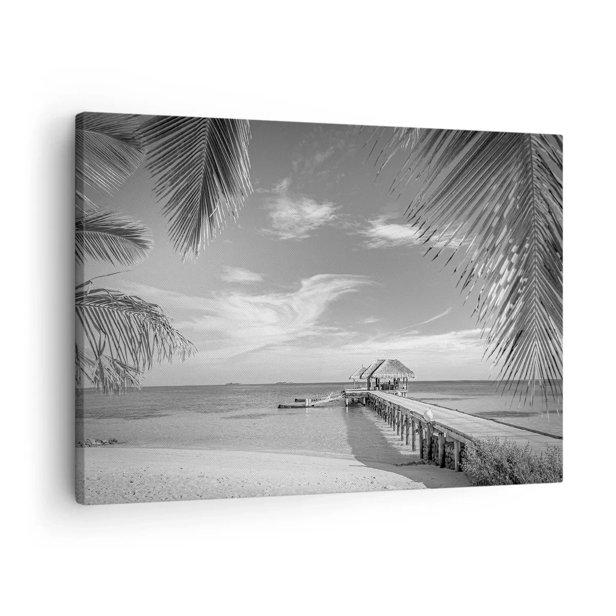 Obraz na plátne - Čiernobiela pláž s mólom a palmami na tropickom pobreží - 70x50cm - Spomienka alebo sen? - Moderná nástenná dekorácia do obývacej izby a spálne ARTTOR