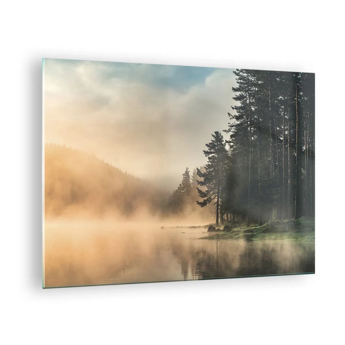 Obraz na skle - Hmlisté ráno nad lesným jazerom - 70x50cm - Zrodenie dňa - Moderná nástenná dekorácia do obývacej izby a spálne ARTTOR