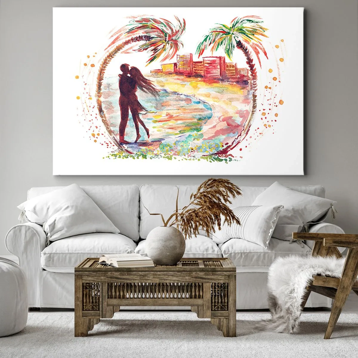 Obraz na plátne - Romantická scéna páru na pláži s palmami v akvareloch - 70x50cm - Romantické prázdniny - Moderná nástenná dekorácia do obývacej izby a spálne ARTTOR