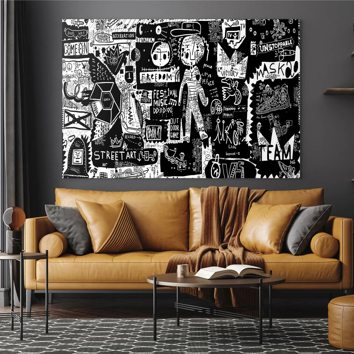 Obraz na skle - Čiernobiela grafika v štýle pouličného umenia so znakmi a symbolmi - 70x50cm - Práva a radosti duševnej mladosti - Moderná nástenná dekorácia do obývacej izby a spálne ARTTOR