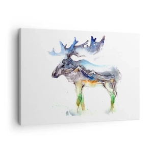 Obraz na plátne - Akvarelová silueta losa s horskou krajinou - 70x50cm - Hrdina zimného príbehu - Moderná nástenná dekorácia do obývacej izby a spálne ARTTOR