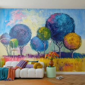 Fototapeta Standard Eco - Farebné abstraktné stromy proti jasnej oblohe - 100x70cm - Guľa - tvar ideálu - Moderná nástenná dekorácia do obývacej izby a spálne ARTTOR