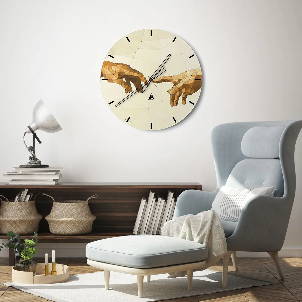 Nástenné hodiny - Dve ruky v geometrickom štýle so spojovacími bodmi - 30x30cm - Božská geometria - Moderná nástenná dekorácia do obývacej izby, kuchyne a spálne ARTTOR