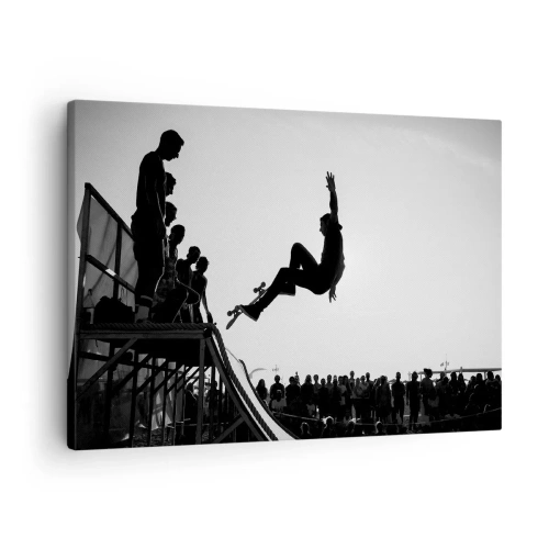 Obraz na plátne - Čiernobiela scéna skateboardingu na rampe - 70x50cm - Hrdinovia a diváci - Moderná nástenná dekorácia do obývacej izby a spálne ARTTOR