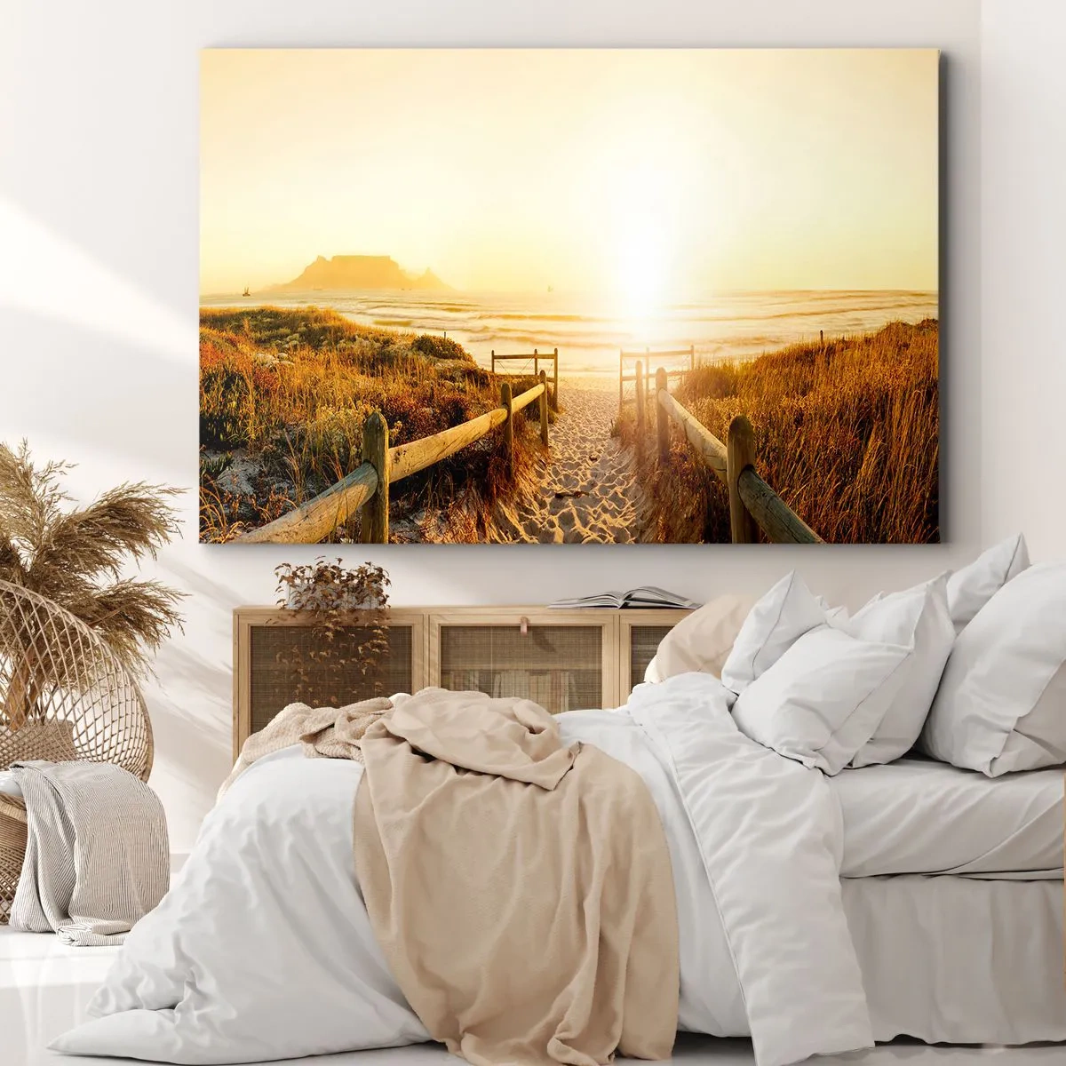 Obraz na plátne - Cesta k pláži počas zlatého západu slnka - 70x50cm - Dunami smerom k slnku - Moderná nástenná dekorácia do obývacej izby a spálne ARTTOR