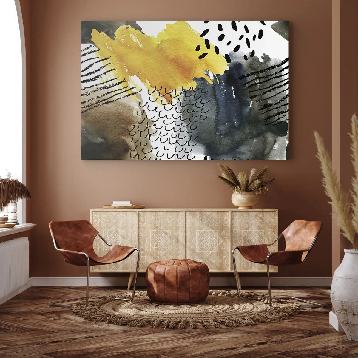 Obraz na plátne - Abstraktná kompozícia so žltými akcentmi a grafickými vzormi. - 70x50cm - Stretnutie živlov - Moderná nástenná dekorácia do obývacej izby a spálne ARTTOR