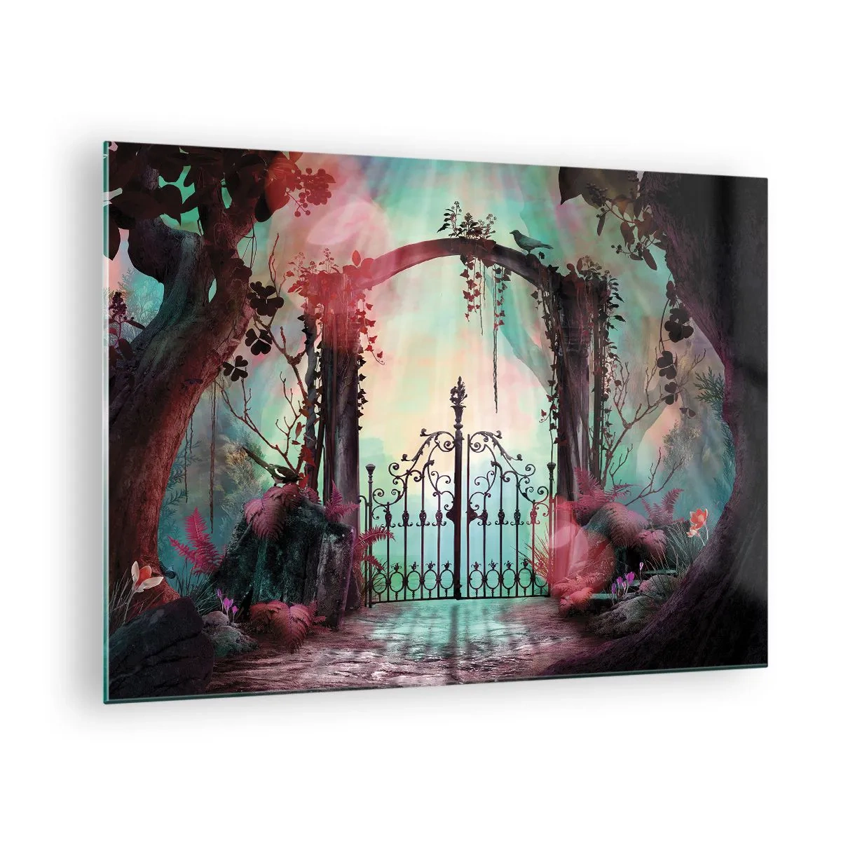 Obraz na skle - Magické brány v rozprávkovom lese - 70x50cm - Tajná záhrada - Moderná nástenná dekorácia do obývacej izby a spálne ARTTOR