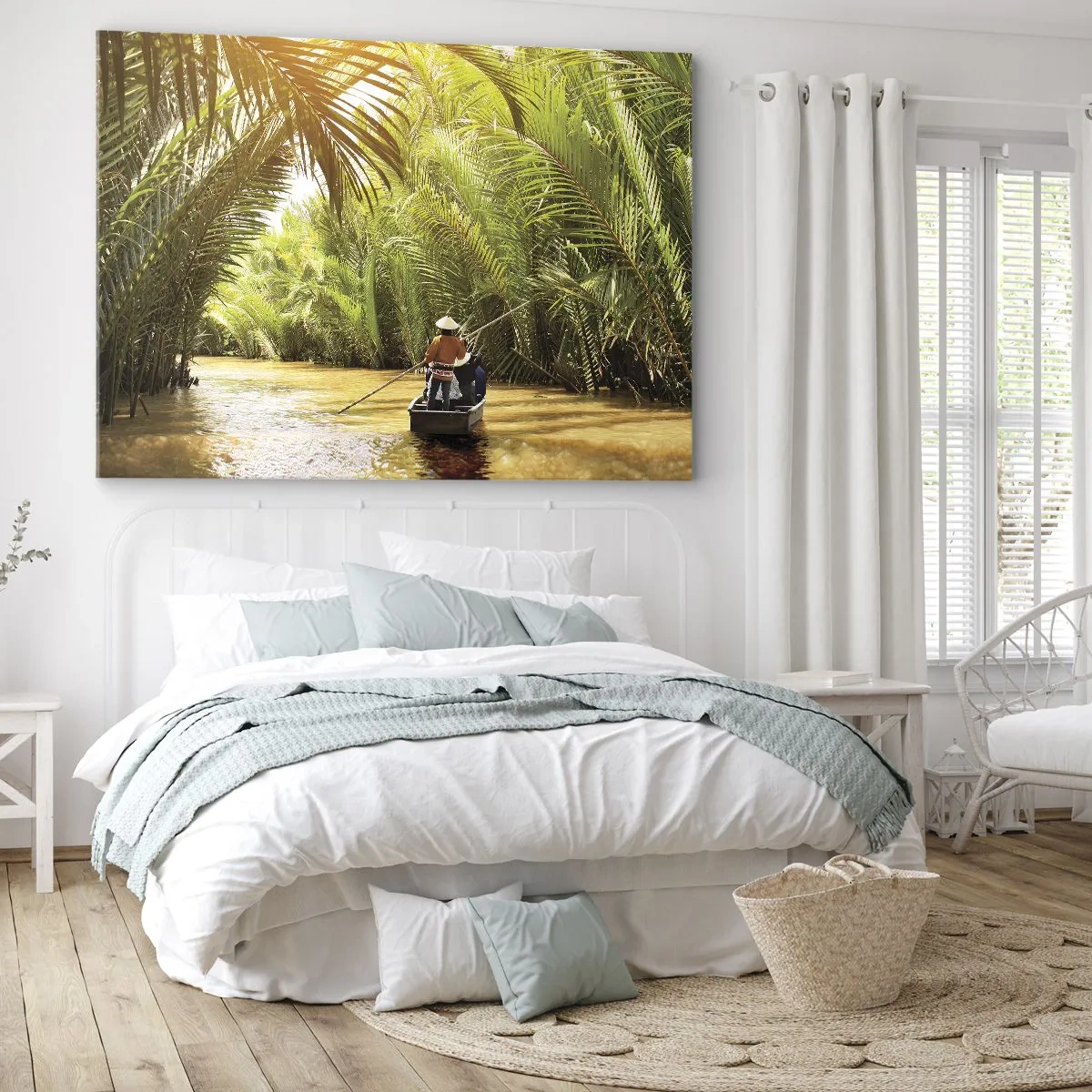 Obraz na plátne - Loď na rieke obklopenej tropickou vegetáciou - 70x50cm - Palmovou roklinou - Moderná nástenná dekorácia do obývacej izby a spálne ARTTOR