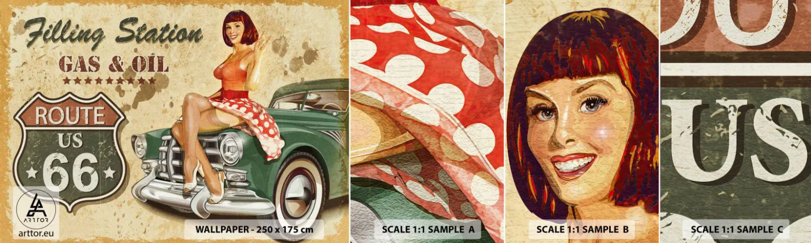 Vzorka Fototapeta Standard Eco - Skvelé 40. roky - Cesta 66, Auto, Automobilový priemysel - 100x30 cm