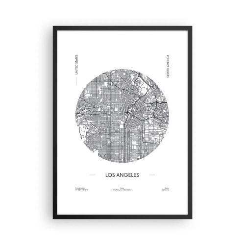 Plagát v čiernom ráme - Minimalistická mapa Los Angeles v čiernobielej farbe. - 50x70cm - Anatómia Los Angelesu - Moderná nástenná dekorácia do obývacej izby a spálne ARTTOR