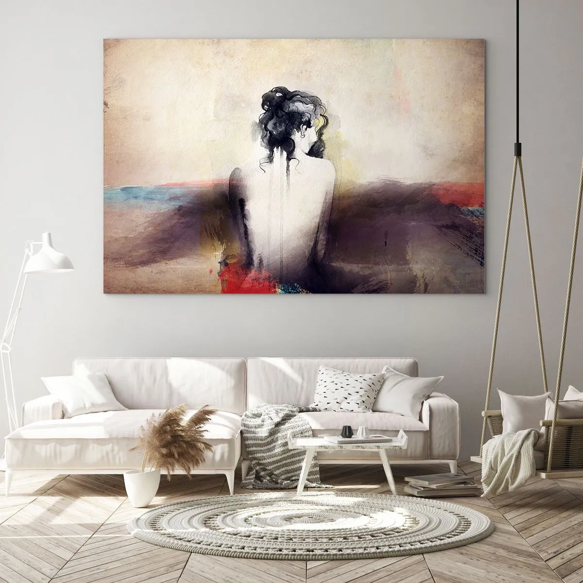 Obraz na skle - Jemný portrét ženy na pastelovom pozadí krajiny. - 70x50cm - Jemné línie, oválne tvary - Moderná nástenná dekorácia do obývacej izby a spálne ARTTOR
