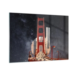 Obraz na skle - Most a mrakodrapy na surrealistickom pozadí galaxie - 70x50cm - Vždy v centre - Moderná nástenná dekorácia do obývacej izby a spálne ARTTOR
