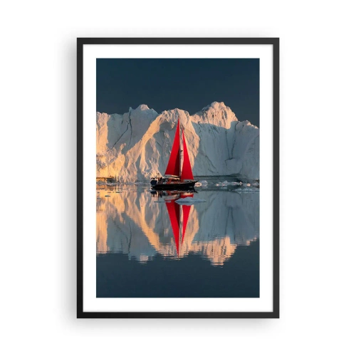 Plagát v čiernom ráme - Červená plachta lode na pozadí ľadovcov a pokojnej vody - 50x70cm - Na okraji sveta - Moderná nástenná dekorácia do obývacej izby a spálne ARTTOR
