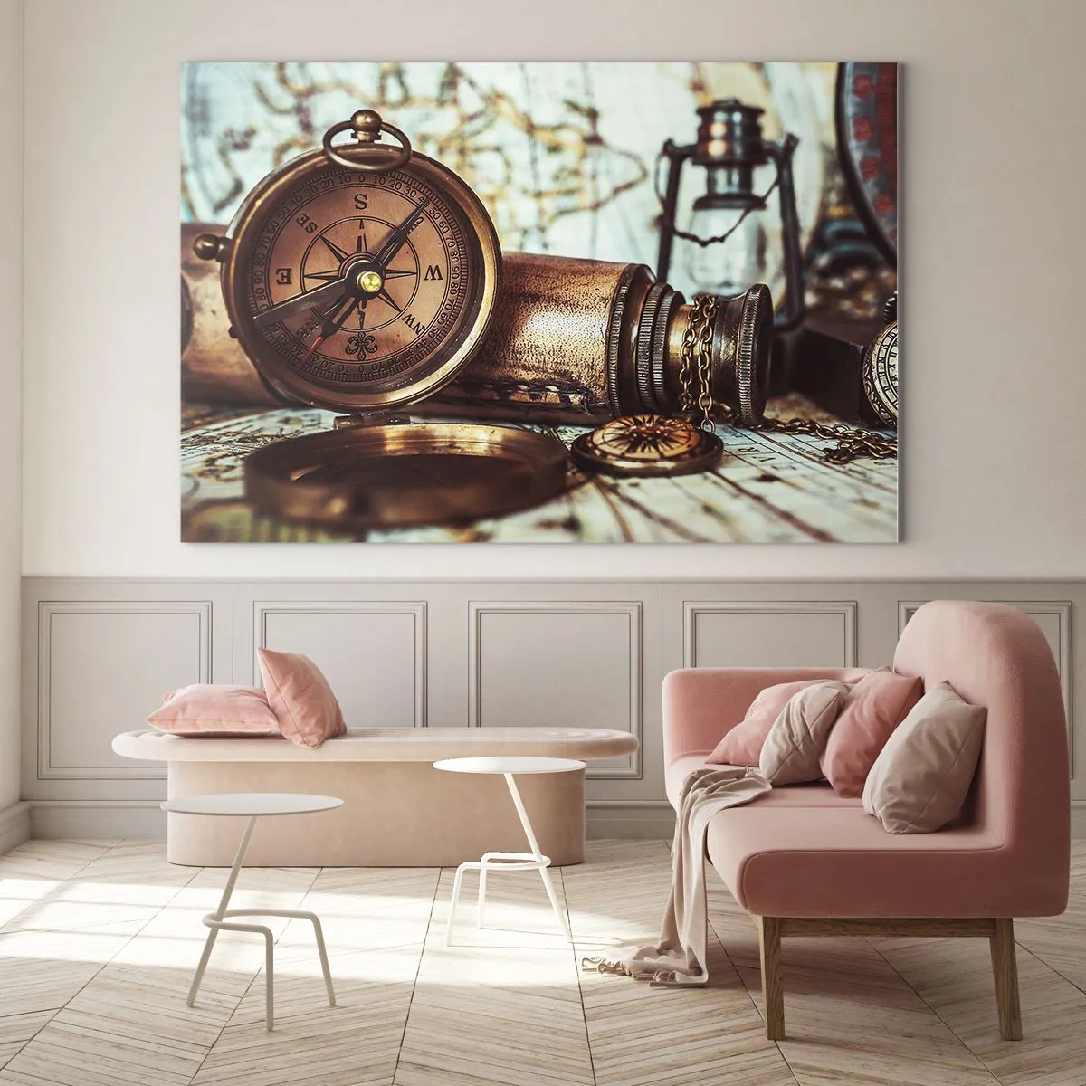 Obraz na skle - Starožitný kompas a mapa na pozadí pirátskych dobrodružstiev - 70x50cm - Pirátske dobrodružstvo v Karibiku čaká - Moderná nástenná dekorácia do obývacej izby a spálne ARTTOR