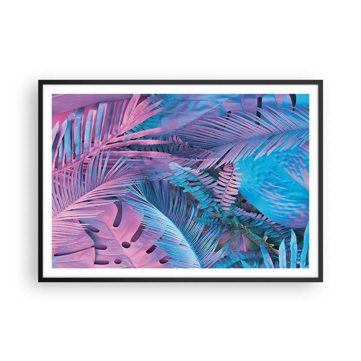 Plagát v čiernom ráme - Tropy v ružovej a modrej - 100x70 cm