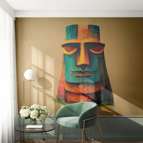 Fototapeta Standard Eco - Farebná socha v štýle Moai na béžovom pozadí - 100x70cm - Sošný, ale sympatický - Moderná nástenná dekorácia do obývacej izby a spálne ARTTOR