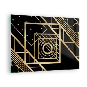 Obraz na skle - Zlaté geometrické vzory na čiernom pozadí - 70x50cm - Zlatá geometria - Moderná nástenná dekorácia do obývacej izby a spálne ARTTOR