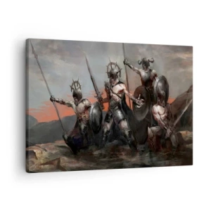 Obraz na plátne - Skupina bojovníkov v brnení s oštepmi na pozadí západu slnka - 70x50cm - So štítom alebo na štíte - Moderná nástenná dekorácia do obývacej izby a spálne ARTTOR