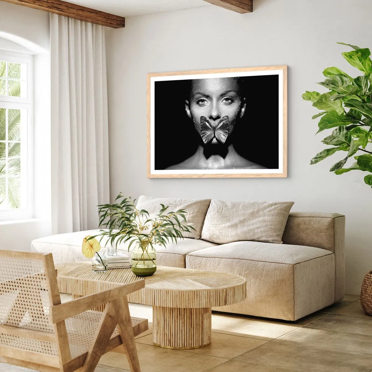 Plagát v ráme zo svetlého duba - Motýlí bozk - 100x70 cm