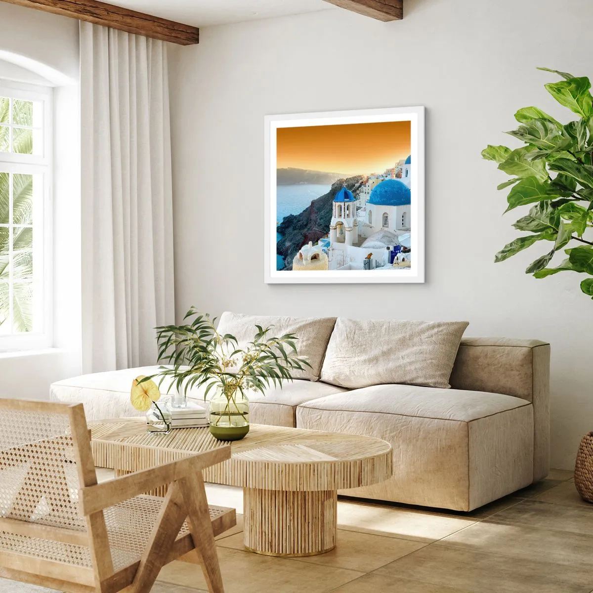 Plagát v bielom ráme - Santorini - v náruči skál - 60x60 cm