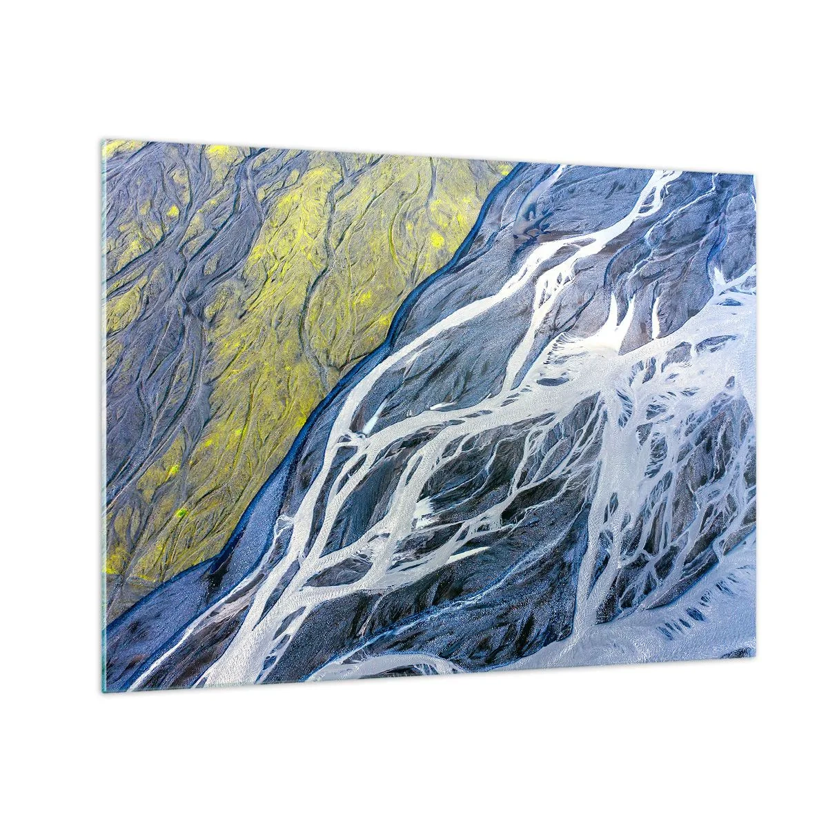 Obraz na skle - Pohľad z vtáčej perspektívy na zemský povrch s kľukatými potokmi - 70x50cm - Jaskynné maľby prírody - Moderná nástenná dekorácia do obývacej izby a spálne ARTTOR