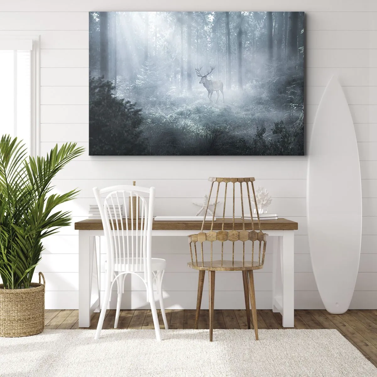 Obraz na plátne - Jeleň v hustom lese zahalenom v rannej hmle - 70x50cm - Ranná obchôdzka sídliska - Moderná nástenná dekorácia do obývacej izby a spálne ARTTOR