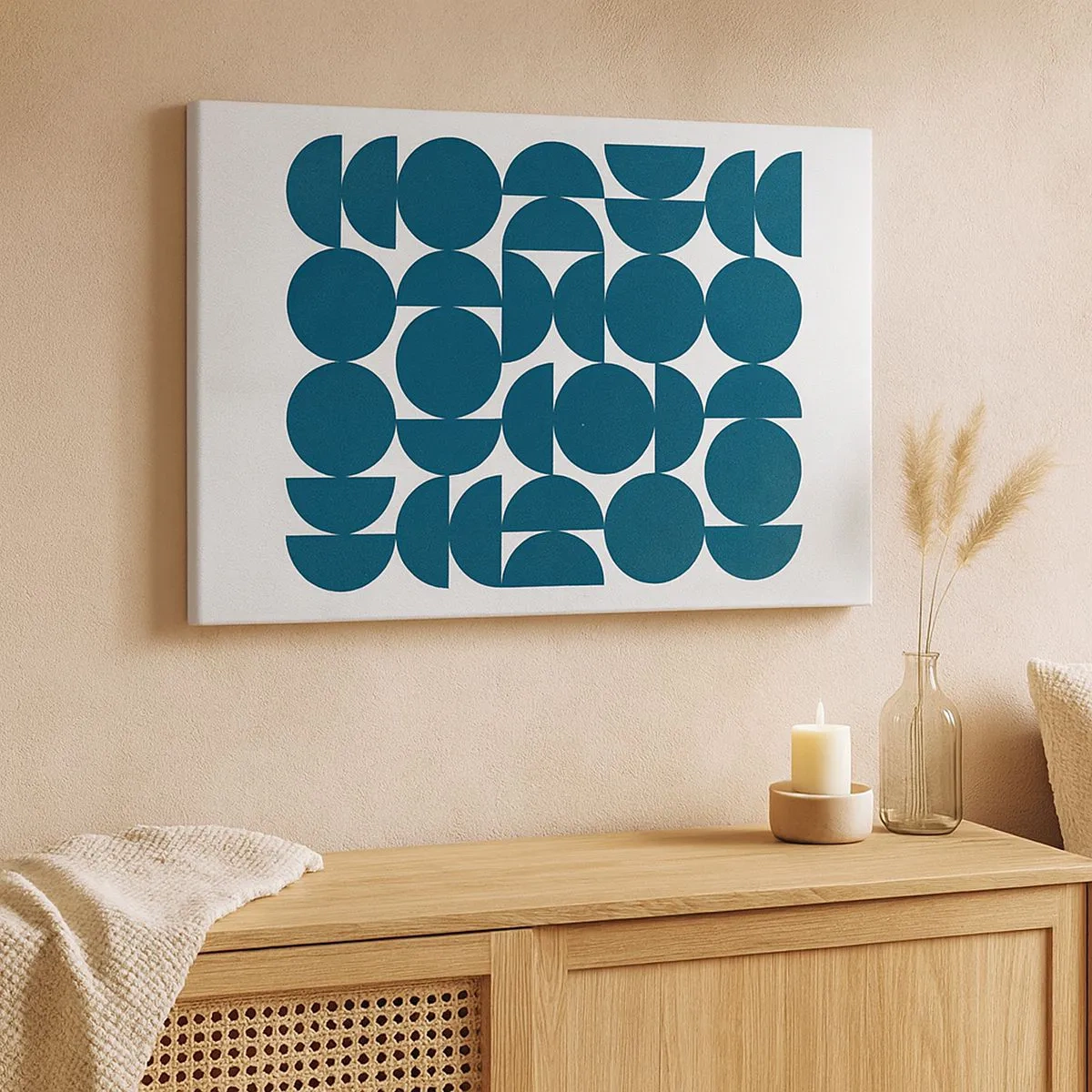 Obraz na plátne - Geometrické tvary v odtieňoch námorníckej modrej na bielom pozadí - 70x50cm - Kruhy a polkruhy - Moderná nástenná dekorácia do obývacej izby a spálne ARTTOR