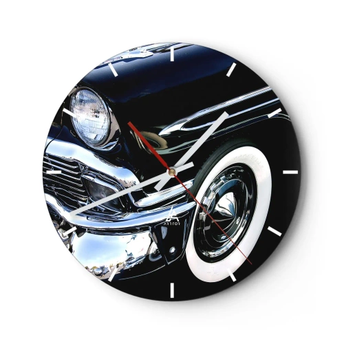 Nástenné hodiny - Lesklé čierne retro auto s klasickým štýlom - 30x30cm - Klasika v striebornej, čiernej a bielej - Moderná nástenná dekorácia do obývacej izby, kuchyne a spálne ARTTOR