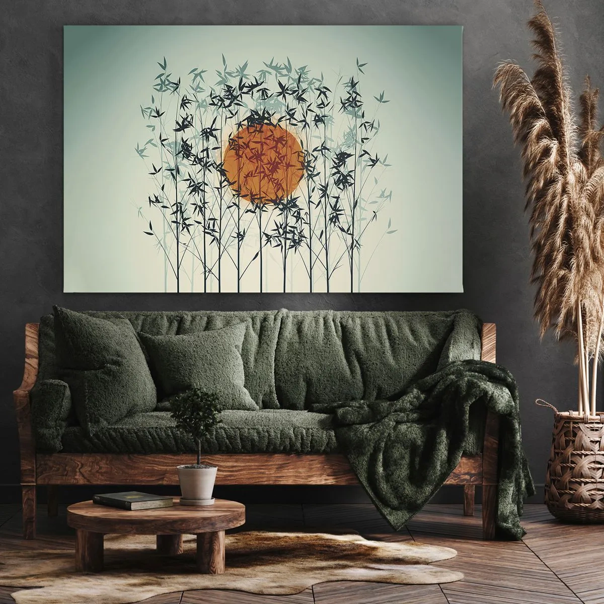 Obraz na plátne - Oranžové slnko medzi bambusovými konármi - 70x50cm - Japonské slnko - Moderná nástenná dekorácia do obývacej izby a spálne ARTTOR
