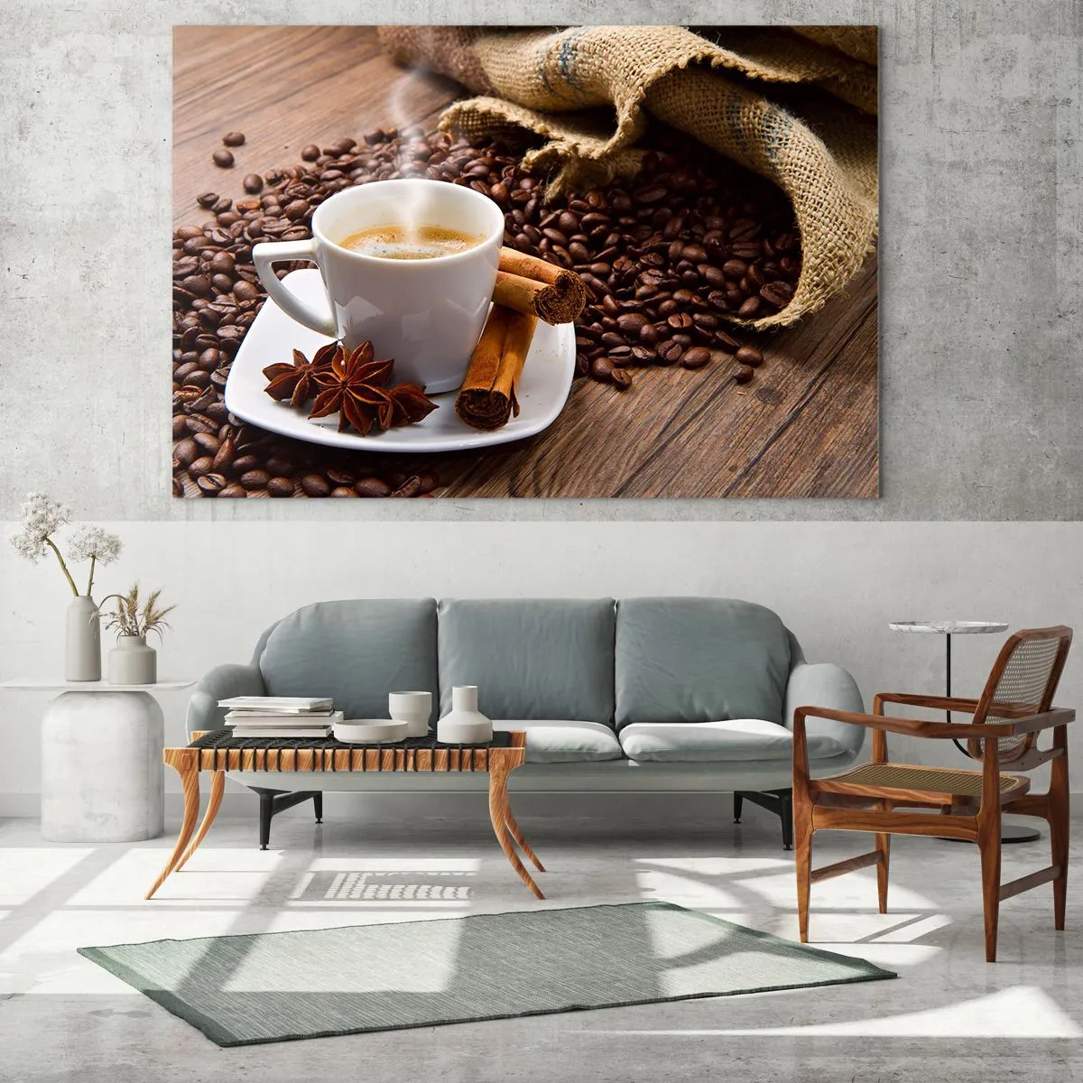 Obraz na skle - Šálka kávy so škoricou a kávovými zrnami na drevenom stole - 70x50cm - Pikantná chuť a aróma - Moderná nástenná dekorácia do obývacej izby a spálne ARTTOR