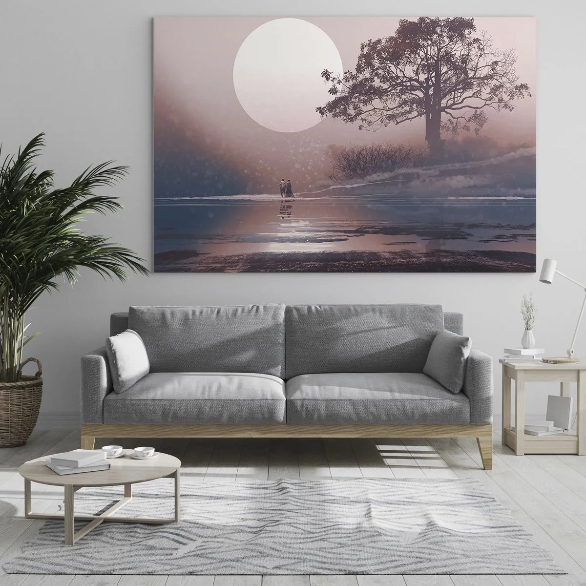 Obraz na skle - Magická krajina so stromom, mesiacom a postavami - 70x50cm - Nočné zázraky - Moderná nástenná dekorácia do obývacej izby a spálne ARTTOR