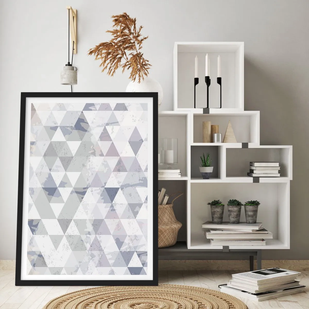 Plagát v čiernom ráme - Geometrický vzor trojuholníkov v odtieňoch sivej - 50x70cm - V rytme na tri - Moderná nástenná dekorácia do obývacej izby a spálne ARTTOR