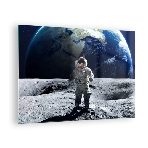 Obraz na skle - Astronaut na povrchu Mesiaca so Zemou v pozadí - 70x50cm - Pozdravy z Mesiaca - Moderná nástenná dekorácia do obývacej izby a spálne ARTTOR