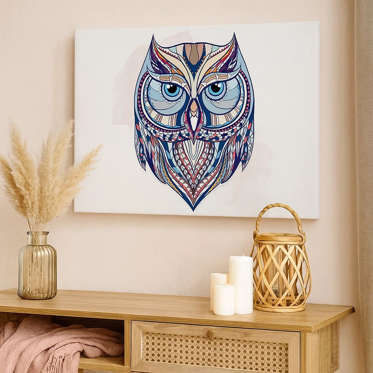 Obraz na plátne - Geometrická sova v odtieňoch modrej a béžovej - 70x50cm - Umelecká ozdobná sova - Moderná nástenná dekorácia do obývacej izby a spálne ARTTOR