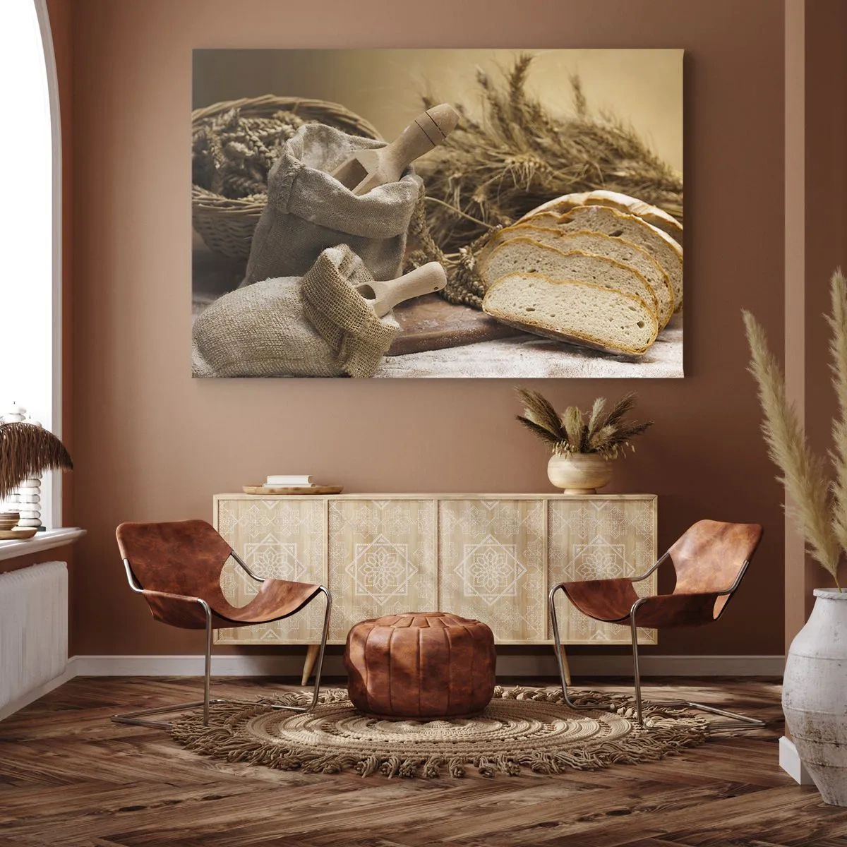 Obraz na plátne - Krajina s chlebom, múkou a klasmi obilia v rustikálnom štýle. - 70x50cm - Ako utnúť nožom - Moderná nástenná dekorácia do obývacej izby a spálne ARTTOR