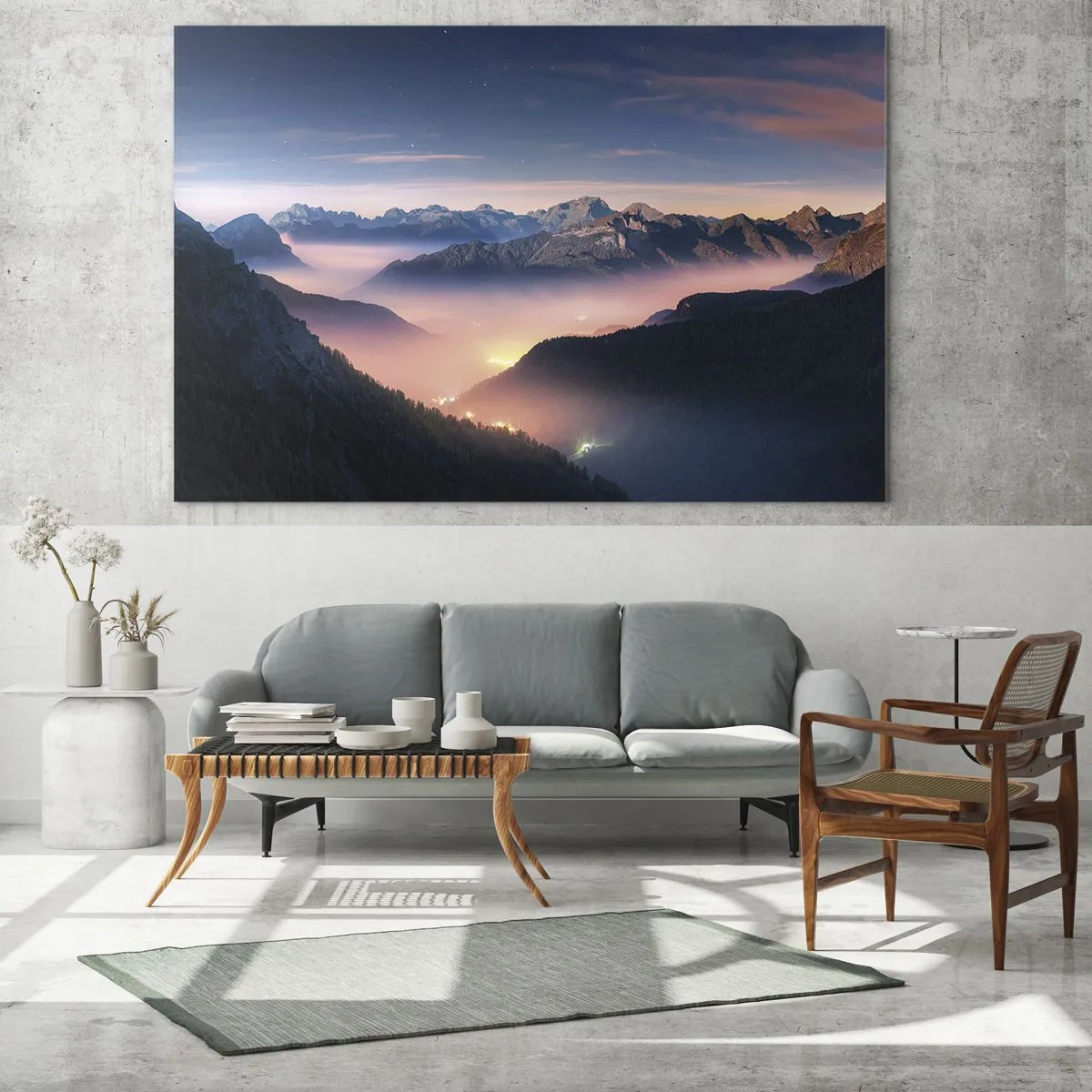 Obraz na skle - Horská krajina pri západe slnka s hmlou v údolí - 70x50cm - Svetlo v údoliach - Moderná nástenná dekorácia do obývacej izby a spálne ARTTOR