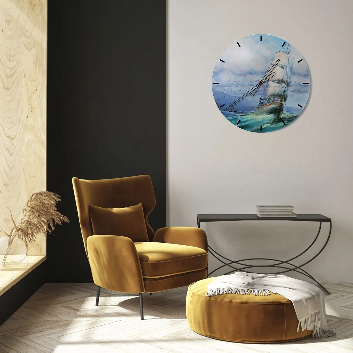 Nástenné hodiny - Plachetnica v rozbúrenom mori pod zamračenou oblohou - 30x30cm - Šťastnú cestu - Moderná nástenná dekorácia do obývacej izby, kuchyne a spálne ARTTOR