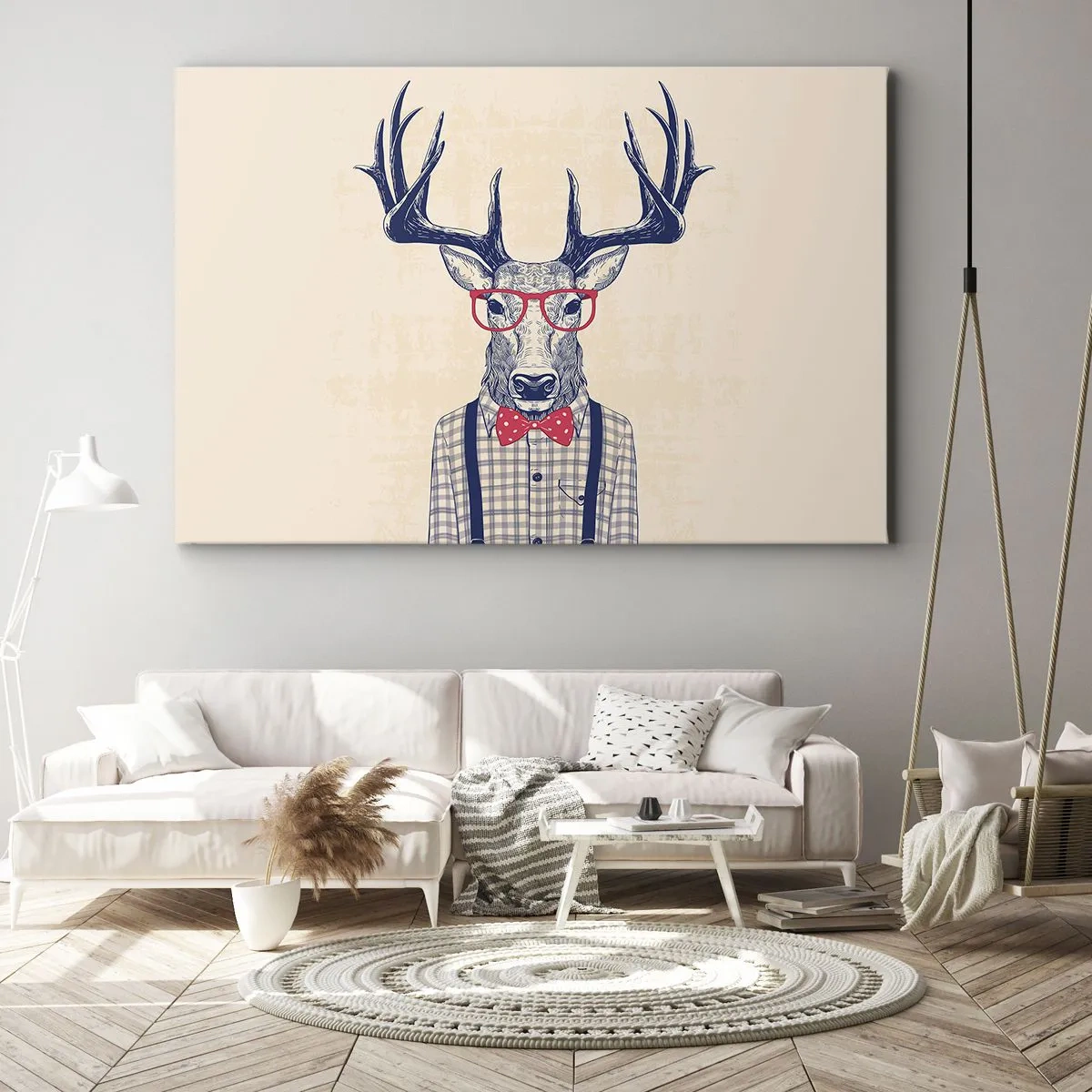 Obraz na plátne - Štylizovaná grafika jeleňa s okuliarmi a motýlikom - 70x50cm - Zábavná extravagancia - Moderná nástenná dekorácia do obývacej izby a spálne ARTTOR
