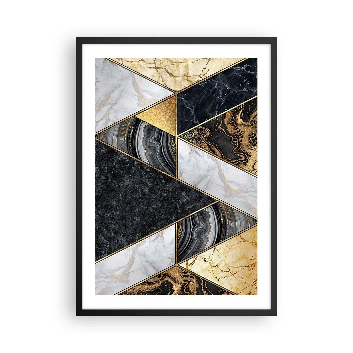 Plagát v čiernom ráme - Mramorová geometria v odtieňoch zlatej, čiernej a bielej - 50x70cm - Kameň vedľa kameňa - Moderná nástenná dekorácia do obývacej izby a spálne ARTTOR
