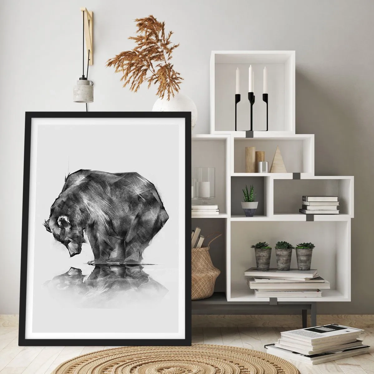 Plagát v čiernom ráme - Geometrický obraz medveďa pri vode - 50x70cm - Je príjemné sa stretnúť s niekým blízkym - Moderná nástenná dekorácia do obývacej izby a spálne ARTTOR