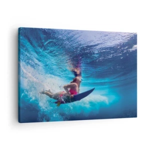 Obraz na plátne - Surfer pod vodou v dynamickej kompozícii v odtieňoch modrej. - 70x50cm - Hĺbka radosti - Moderná nástenná dekorácia do obývacej izby a spálne ARTTOR
