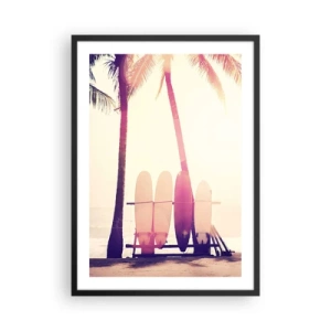 Plagát v čiernom ráme - Surfovacie dosky zoradené pod palmami na pláži - 50x70cm - Bude to skvelý deň - Moderná nástenná dekorácia do obývacej izby a spálne ARTTOR