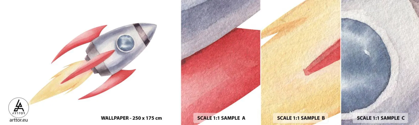 Vzorka samolepiacej fototapety Deluxe Sticker - Vyššie, rýchlejšie, ďalej - Vesmírna raketa, Detský, Kozmos - 100x30 cm