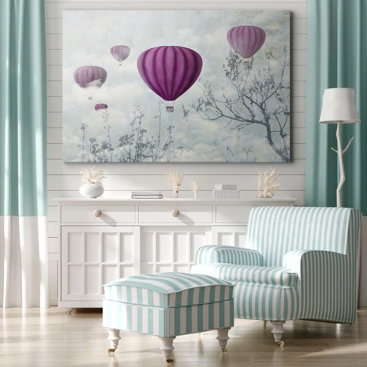 Obraz na plátne - Fialové balóny vznášajúce sa nad stromami v oblakoch - 70x50cm - Ako lode na oblohe - Moderná nástenná dekorácia do obývacej izby a spálne ARTTOR