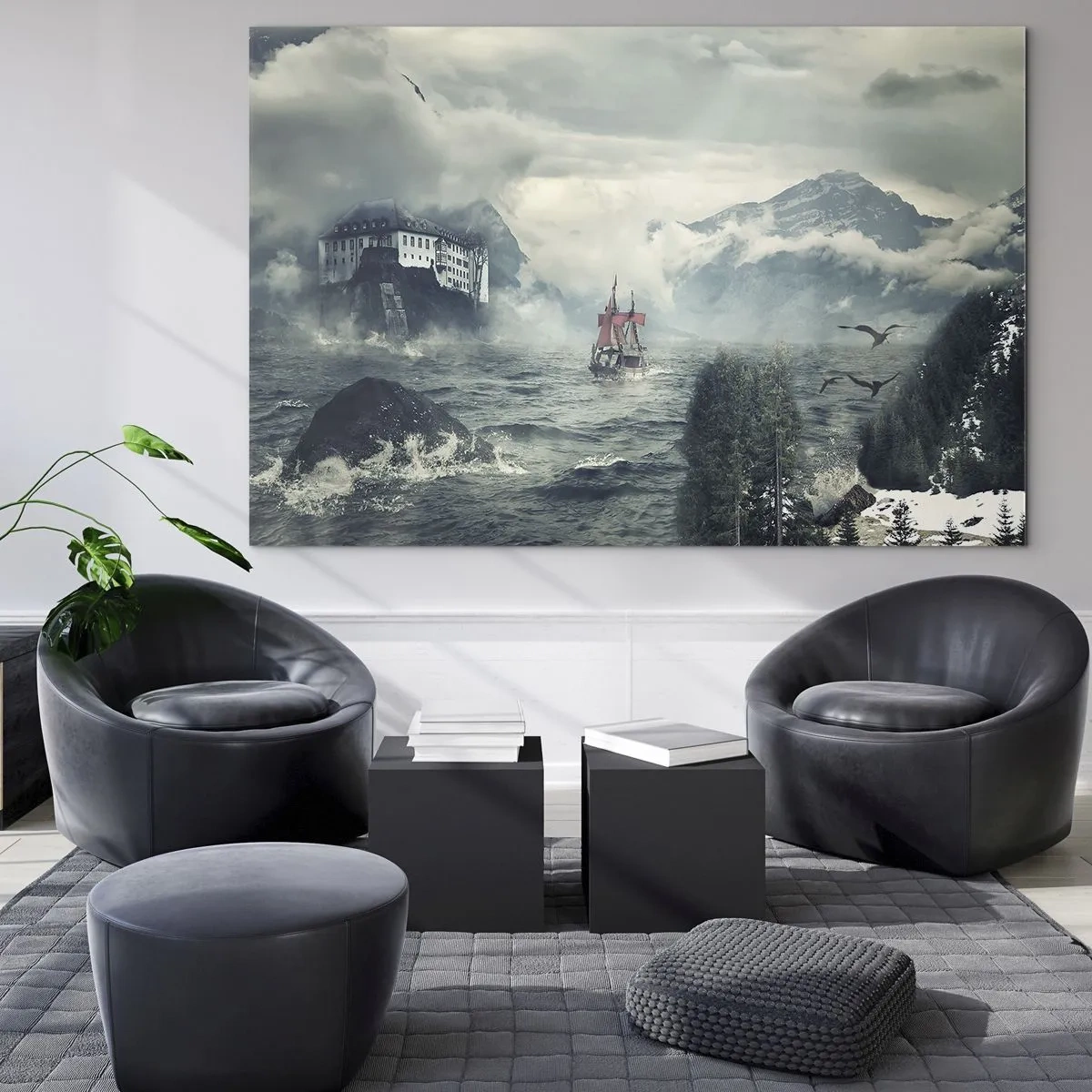 Obraz na skle - Loď na rozbúrenom mori s hradom v pozadí - 70x50cm - V kúzelných vodách - Moderná nástenná dekorácia do obývacej izby a spálne ARTTOR