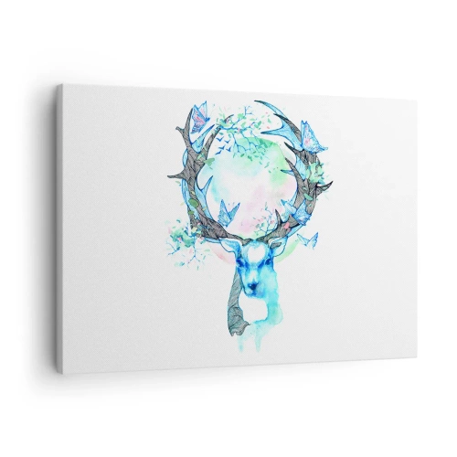 Obraz na plátne - Rozmarná grafika jeleňa s motívom prírody a motýľa - 70x50cm - Sila a jemnosť prírody - Moderná nástenná dekorácia do obývacej izby a spálne ARTTOR