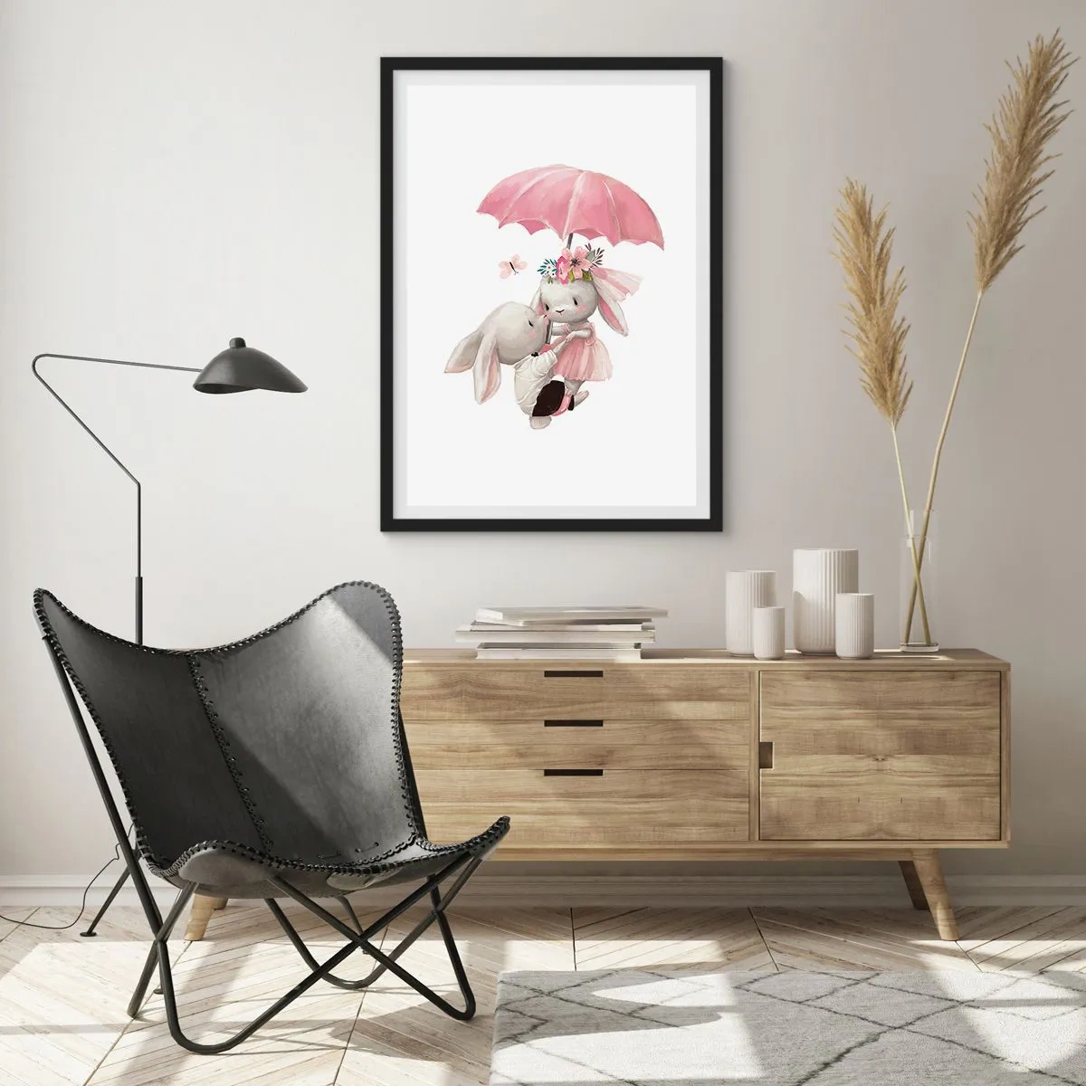 Plagát v čiernom ráme - Roztomilé zajačiky pod ružovým dáždnikom - 50x70cm - To je láska - Moderná nástenná dekorácia do obývacej izby a spálne ARTTOR