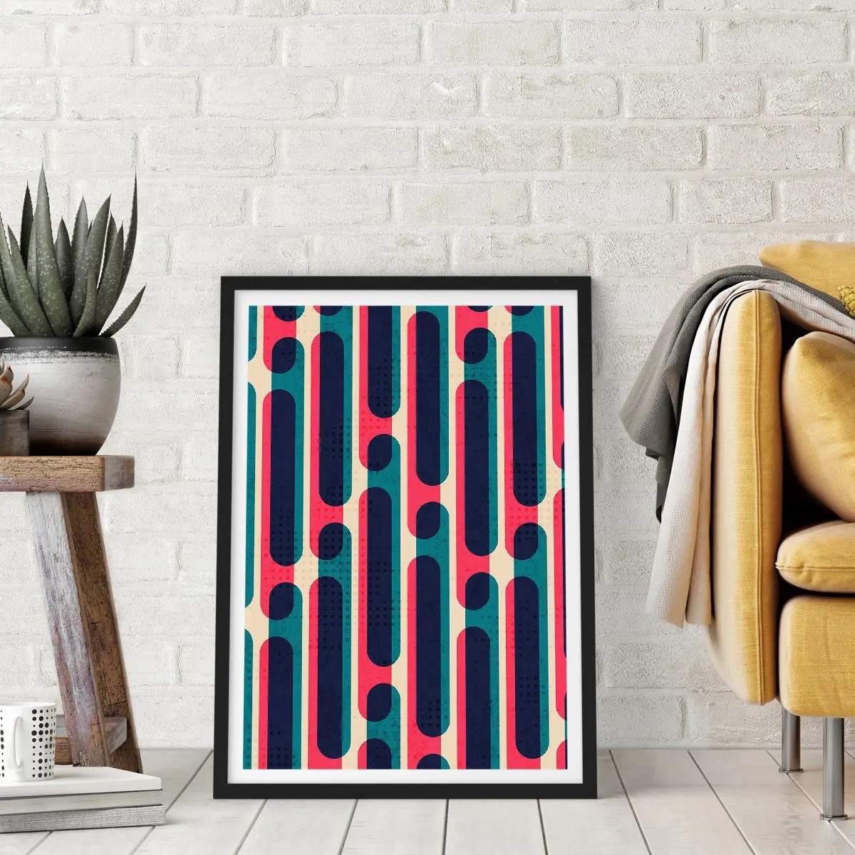 Plagát v čiernom ráme - Geometrický vzor v odtieňoch červenej a modrej - 50x70cm - Dovnútra a dopredu - Moderná nástenná dekorácia do obývacej izby a spálne ARTTOR