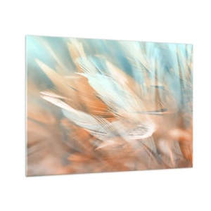 Obraz na skle - Jemné pierka v pastelových odtieňoch tyrkysovej a broskyňovej - 70x50cm - V krajine nehy - Moderná nástenná dekorácia do obývacej izby a spálne ARTTOR